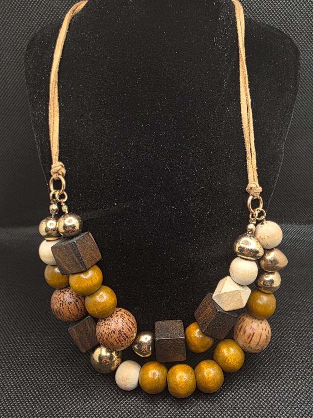 C1946 Boho Chunky Wood Bead Double Strand Statement Necklace 20"